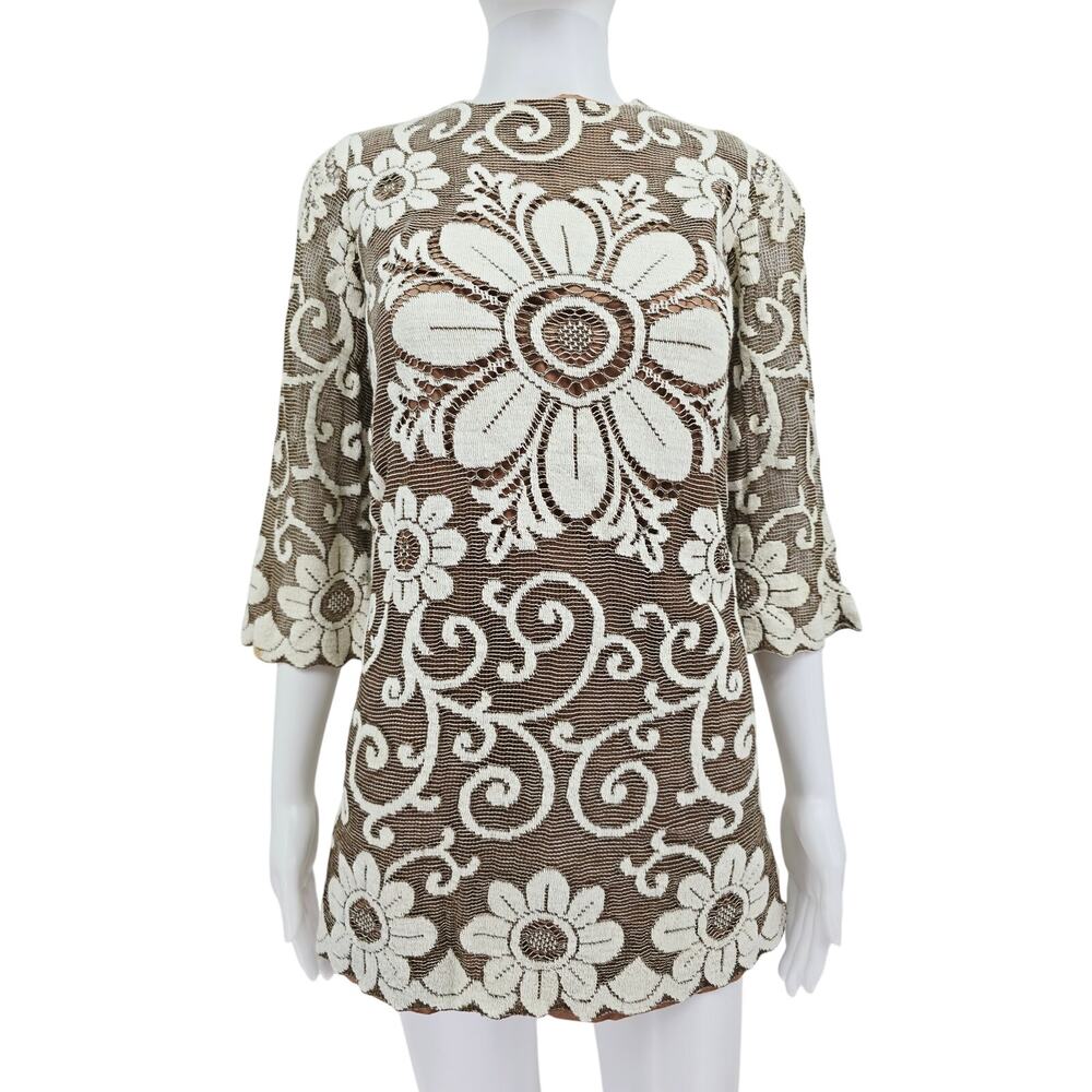 Vintage 70's Mod Boho Girls A-line Midi Dress Cream Brown 9/10